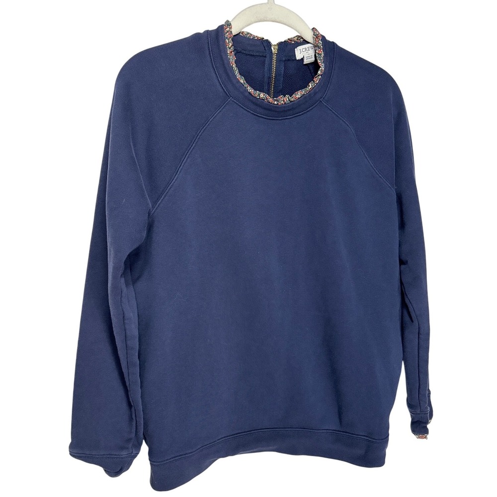 J.Crew Ruffle Neck Liberty Floral Trim Sweatshirt Blue Back Zip Size Large